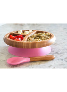 Bamboo Suction Classic Plate With Spoon - Brown/Pink