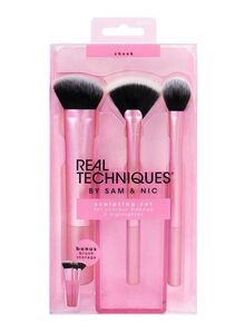 REAL TECHNIQUES 3-Piece Face Makeup Brush Set With Holder Pink/Black/White