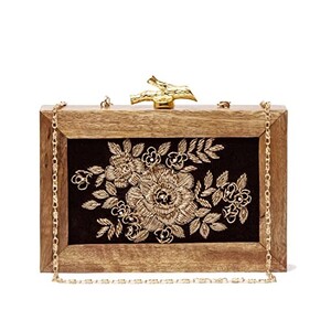 ArtFlyck hand-embroidered Wooden Black Clutch with golden chain for women, 6 inch