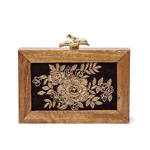 ArtFlyck hand-embroidered Wooden Black Clutch with golden chain for women, 6 inch
