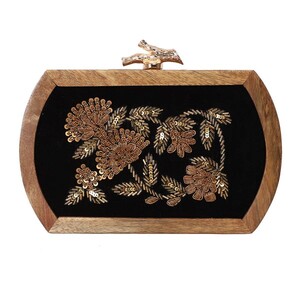 ArtFlyck Handcrafted Wooden Floral Style Oval Clutch, Black