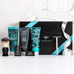 Bombay Shaving Company Complete Shaving Kit with Razor, Blades, Imitation Badger Brush, Scrub, Cream and Balm