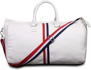 STRUTT 23 Ltr premium quality leather White Duffel Bag with Red and Blue Stripes