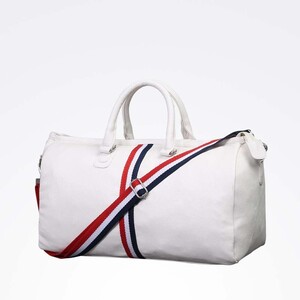 STRUTT 23 Ltr premium quality leather White Duffel Bag with Red and Blue Stripes