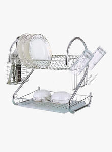Generic 2-Tier Dish Drying Rack With Drain Board Silver/White