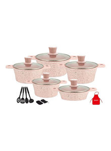 DESSINI 17-Pieces Granite Cookware Set Includes Casserole With Lid 24cm, Casserole With Lid 28cm, Casserole With Lid 32cm, Casserole With Lid 28cm, Shallow Casserole 7xCooking Tools Pink/Clear 32cm