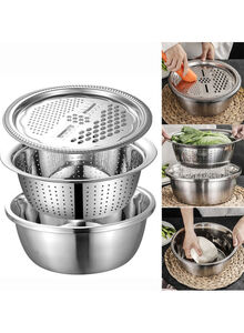 Generic 3Pcs/Set Grater Strainer Sieve Basin Washing Bowl Set Vegetable Cutter Stainless Steel Kitchen Tool for Knead Dough Salad multicolor 28x28x28cm